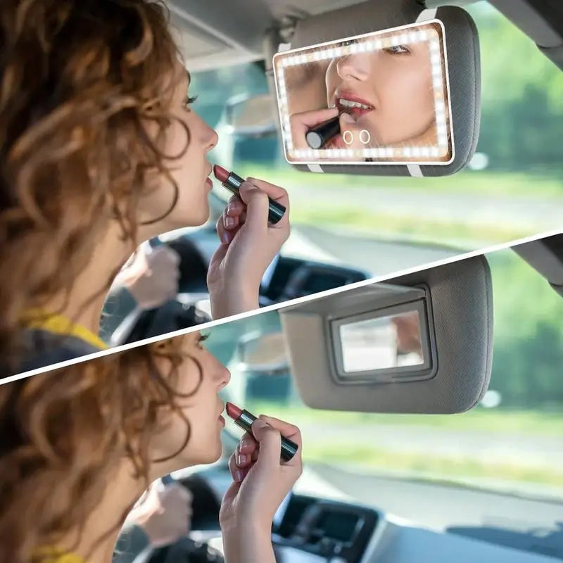 🚗✨ Car Sun Visor Makeup Mirror 💄💡 3 Rows of LED Lights | 🔆 Adjustable Dual-Color Lighting