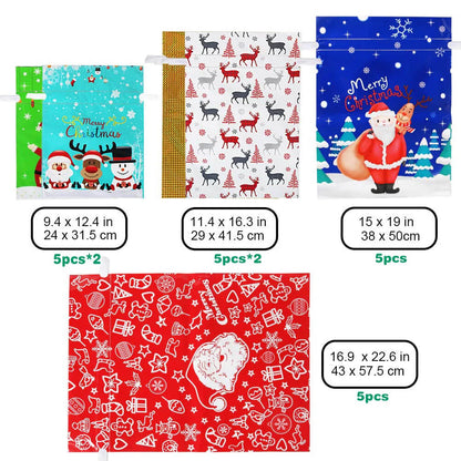 🎅Package Holiday Drawstring Gift Bags, 30pcs Christmas Foil Gift Wrapping Sacks Pouches for Xmas Presents Party Favor (Large Medium Small)