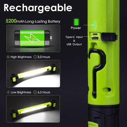 🔦💥 3000LM Work Light Flashlight — 5200mAh Rechargeable 🔋 | Magnetic Base 🧲 + Hanging Hooks 🪝 | Underhood & Garage Lighting 🚗🏚️ | Waterproof & Durable 💧 | Emergency Ready ⚡